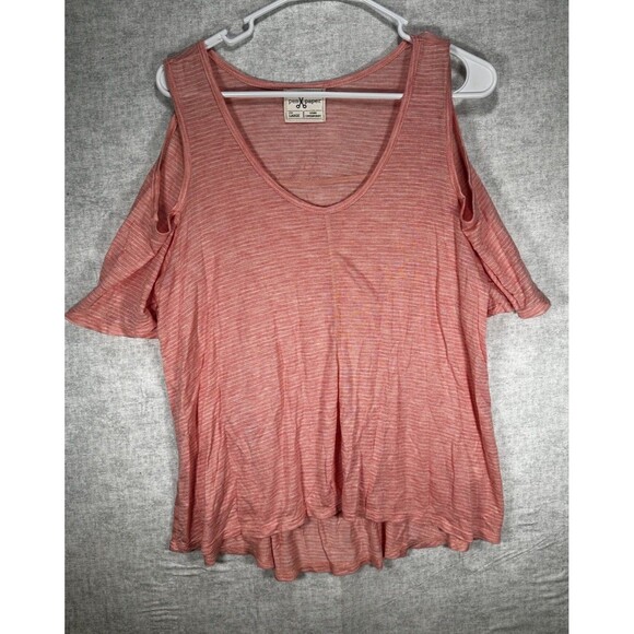 Pen Paper Tops - Pen Paper Cold Shoulder Knit Pink Striped Top Women’s Size Large Semi Sheer